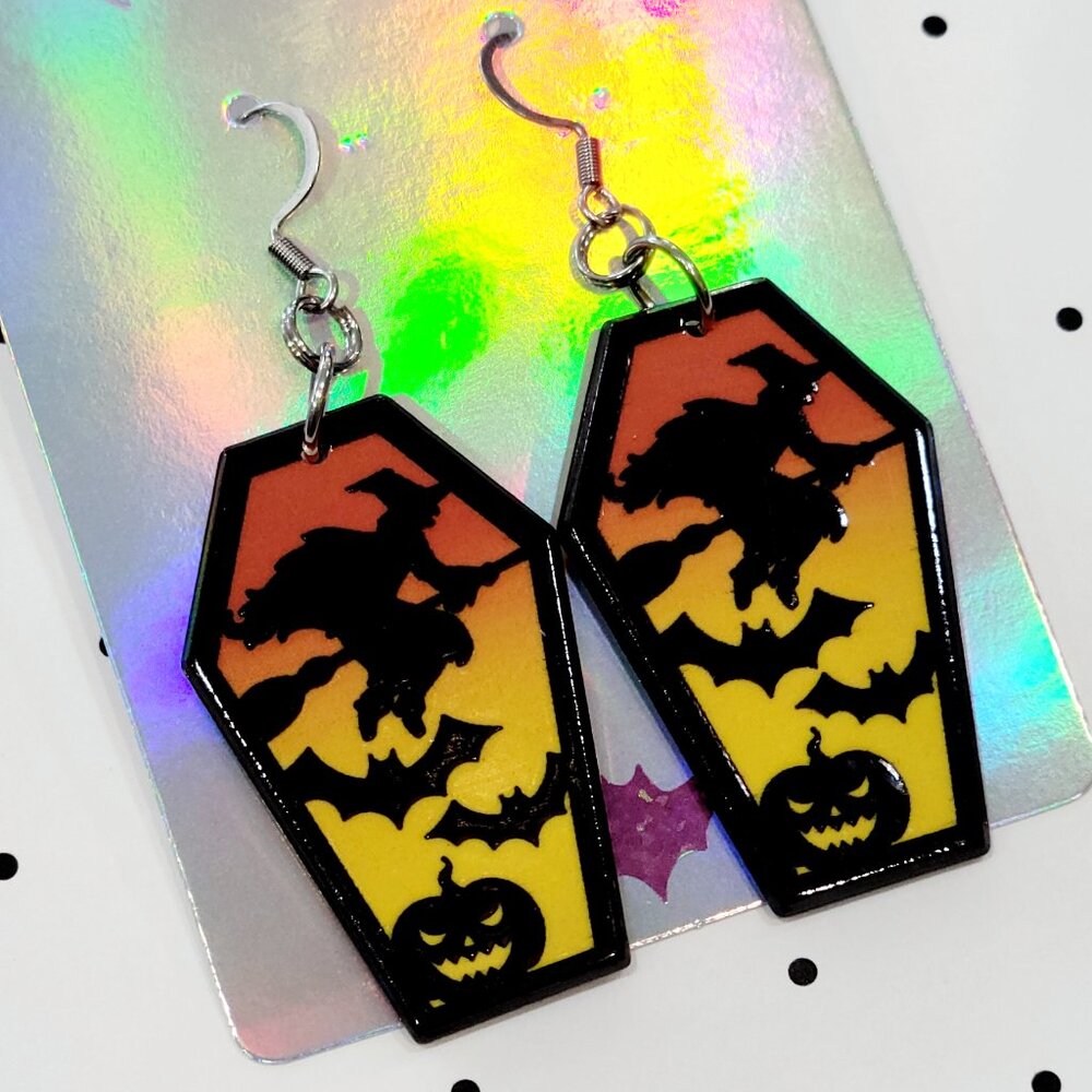 Yellow Orange Witch with Bats and Pumpkin Coffin Earrings Stainless Steel Hooks - Picture 6 of 6